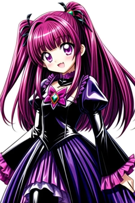 Bad_End_Precure, DarkPrecure, corrupted princess wearing dark pastel (ruffled:1) (gleaming latex:1) gown with (latex vampire cloak:1) and (long frilly wide sleeves), soft lighting, ruffles, (cute little fang:1)
(vmpr:1),
<lora:more_details:1>,