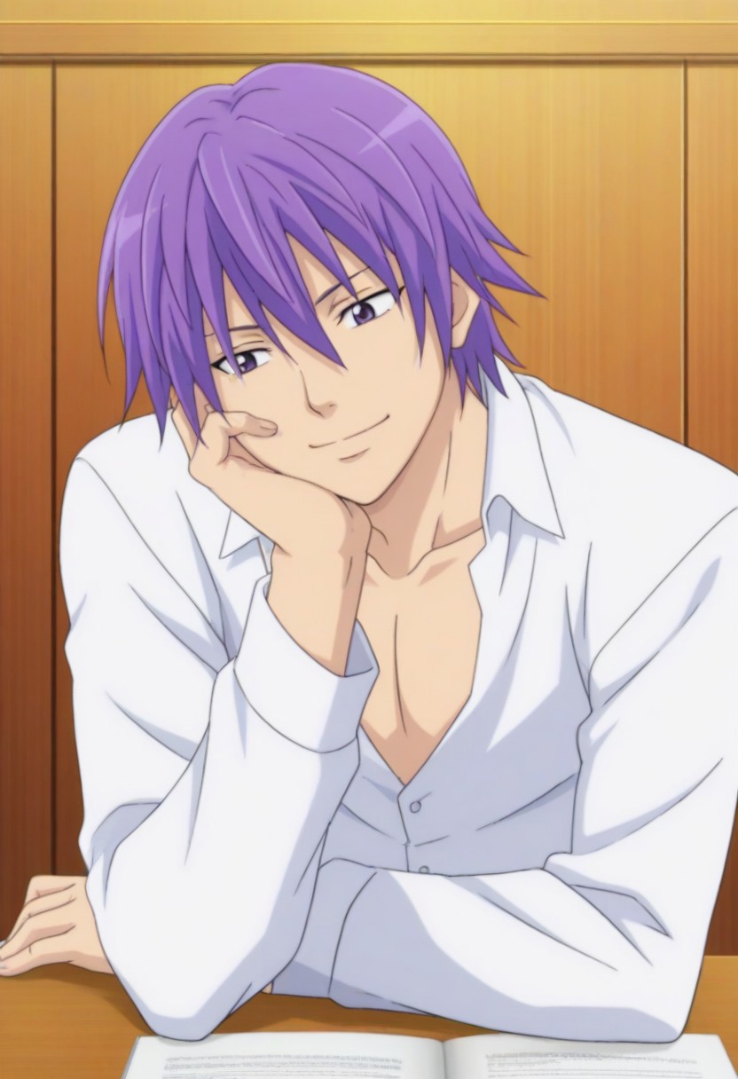 Anime, ((1male only, 1male focus, solo picture,  single illustration, single person only)), ((Handsome, cute, sexy, attractive, good-looking)), Reita Toritsuka, purple hair, hair down without headband, straight hair, purple eyes, happy, one hand on cheek, one arm support on desk, white collared shirt, long sleeves, front view