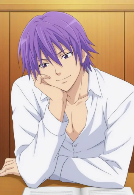 Anime, ((1male only, 1male focus, solo picture,  single illustration, single person only)), ((Handsome, cute, sexy, attractive, good-looking)), Reita Toritsuka, purple hair, hair down without headband, straight hair, purple eyes, happy, one hand on cheek, one arm support on desk, white collared shirt, long sleeves, front view