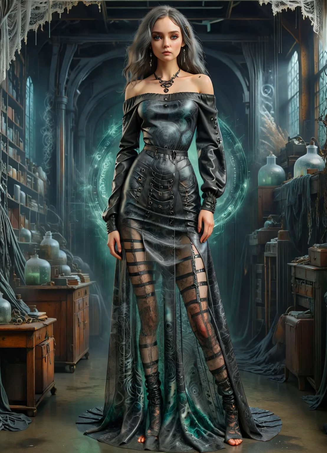 DonM50u13ff1g13XL snug full body clothing, off-shoulder neckline, graphene leather, data flow print, sheer fabric, raglan sleeves, maxi length, drop waist, a-line skirt, button fly,,illusion back,,d-rings,,side pockets,,lace trims,,pockets <lora:DonM50u13ff1g13XL:1>