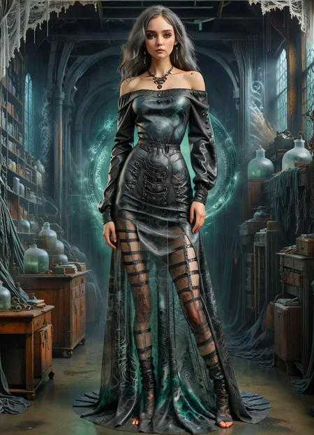 DonM50u13ff1g13XL snug full body clothing, off-shoulder neckline, graphene leather, data flow print, sheer fabric, raglan sleeves, maxi length, drop waist, a-line skirt, button fly,,illusion back,,d-rings,,side pockets,,lace trims,,pockets <lora:DonM50u13ff1g13XL:1>