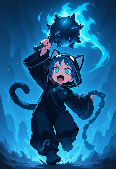 Sharp eyes, heroic and handsome,blue hair, chinese clothes,big sleeves, 1girl, cat samurai,solo,animal costume, cat onesie, tail, cat costume, animal ears,,wielding a blue burning flail, blue glowing spiked flail, dynamic pose,
masterpiece,best quality,amazing quality,<lora:ZankuroIXLLight_v2:1> <lora:SpikeFlailIL:0.85>