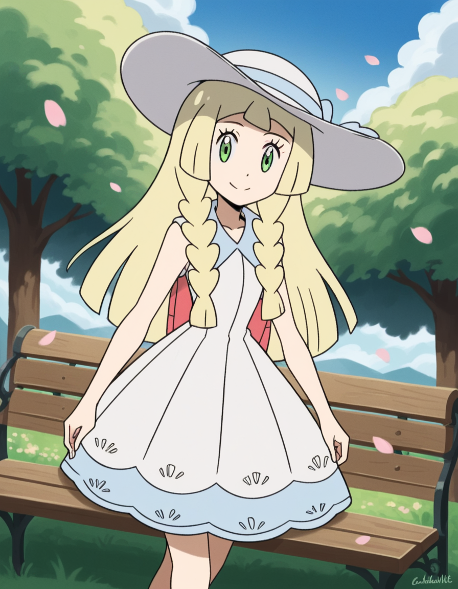 score_9, score_8_up, score_7_up, source_anime, <lora:pokemon-lilie-anime-ponyxl-lora-nochekaiser:1>, lillie \(pokemon\), blonde hair, blunt bangs, green eyes, long hair,, braid, collared dress, dress, hat, sleeveless, sleeveless dress, sun hat, sundress, twin braids, white dress, white headwear,, park, cherry blossoms, bench, gentle breeze, peaceful, smile, looking at viewer, solo,, cowboy shot, dutch angle