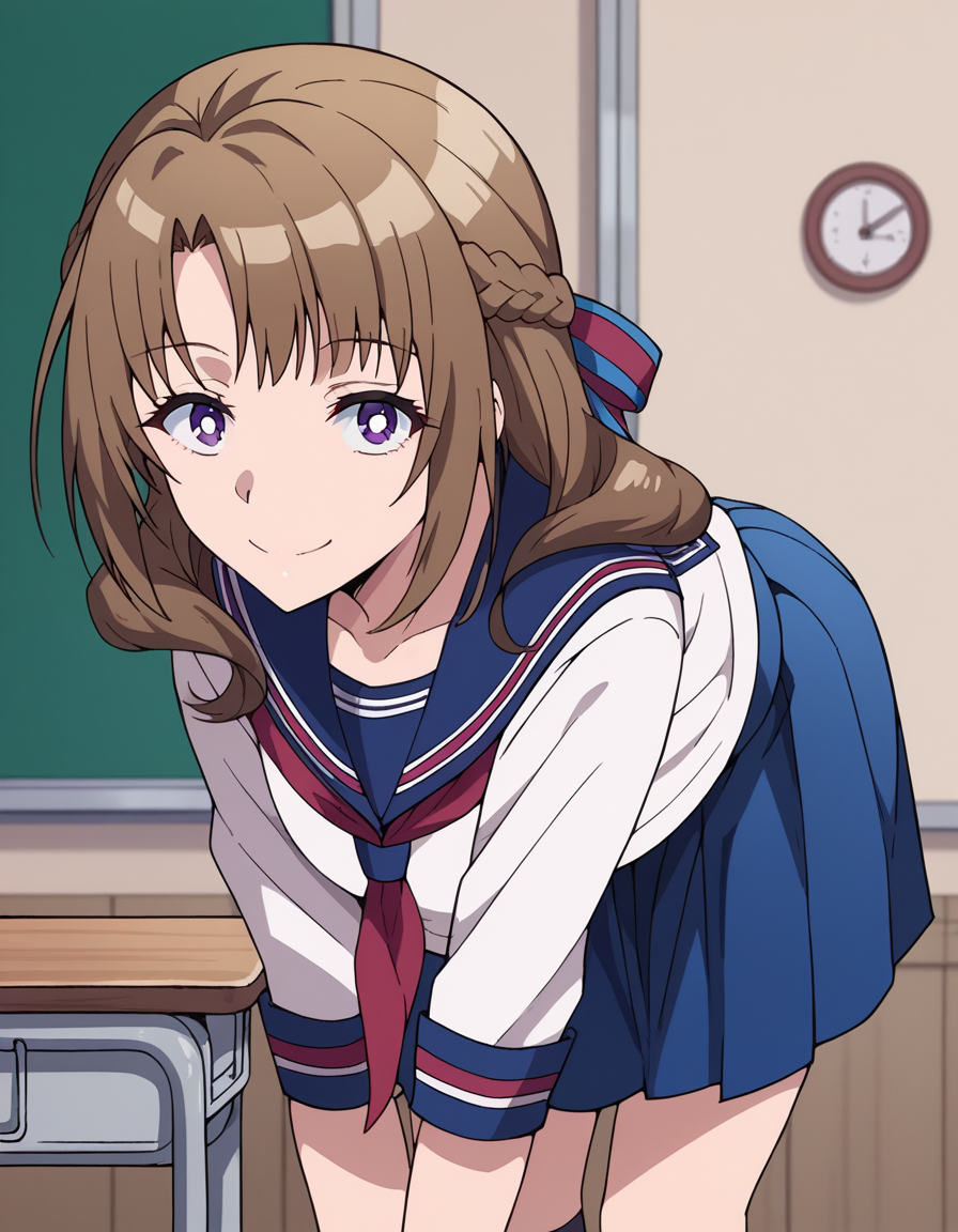 score_9, score_8_up, score_7_up, source_anime,
mamakooosuki, <lora:mamako-oosuki-s1-ponyxl-lora-nochekaiser:1>,
mamako oosuki, long hair, brown hair, purple eyes, hair ribbon, braid, bright pupils, french braid, white pupils,
skirt, school uniform, serafuku, blue skirt, neckerchief, kneehighs, blue sailor collar, blue skirt, red neckerchief,
indoors, classroom, bent over, smile,
looking at viewer, cowboy shot, solo, dutch angle,