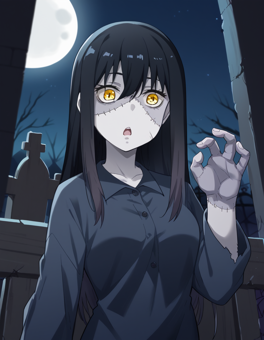 score_9, score_8_up, score_7_up, source_anime, <lora:miko-yotsuya-s1-ponyxl-lora-nochekaiser:1>, miko yotsuya, long hair, bangs, black hair, hair between eyes, yellow eyes, medium breasts,, <lora:zombie-ponyxl-lora-nochekaiser:1>, zombie, colored skin, stitches, grey skin, multicolored skin, stitched face, zombie pose, halloween, halloween costume,, night, moon, graveyard, tombstone, grave, open mouth, , dutch angle, cowboy shot