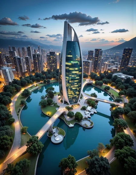 Futura. A photo-realistic shoot from a bird's eye view about a futuristic cityscape at night, featuring a futuristic building with a unique architectural design, situated in the middle of a large body of water surrounded by lush greenery. the building has a tall, curved, spire-like structure with multiple levels, and is lit up with green lights, giving it an ethereal glow. it is situated on a small island in the center of the image, with a winding bridge connecting it to the surrounding buildings. the cityscape is filled with tall skyscrapers, illuminated by city lights, and in the background, there are mountains and a clear blue sky with a few clouds. the overall atmosphere is one of modernity and serenity, with the buildings standing out against the night sky and reflecting off the water's surface. <lora:Futura-000005:1>