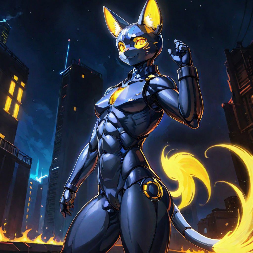 solo, smile, animal ears, tail, full body, yellow eyes, ass, cat ears, no humans, glowing, digital background, fire tail, robot, glowing eyes, joints, humanoid robot, muscular, pectoral muscles, toned abs, muscular arms, muscular thighs, body build body, dashing smile, hands face, chizzled jawline, erect penis, male genitals, male nipples, robot penis