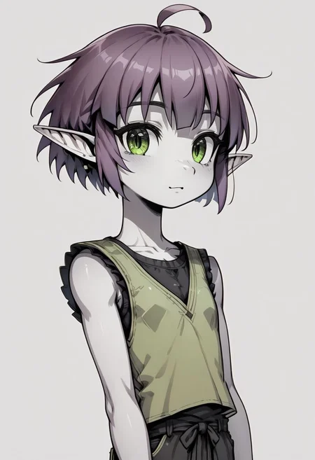 ASCIILapanya, 1 person, solo, pointy ears, ((snout nose)), flat chest, short stature, skinny arms, ((hazel irises)), fair skin, ((dark lilac hair)), short hair, tomboy haircut, small nostrils, 3 fingers 1 thumb ((Sleeveless green vest, fitted black undershirt, black pantaloons, fully clothed)), forest background,  
Lineart, clean lines, up close, upper body focus, highly detailed face, high quality, best quality,  score: 9, score: 8 up, rating: safe