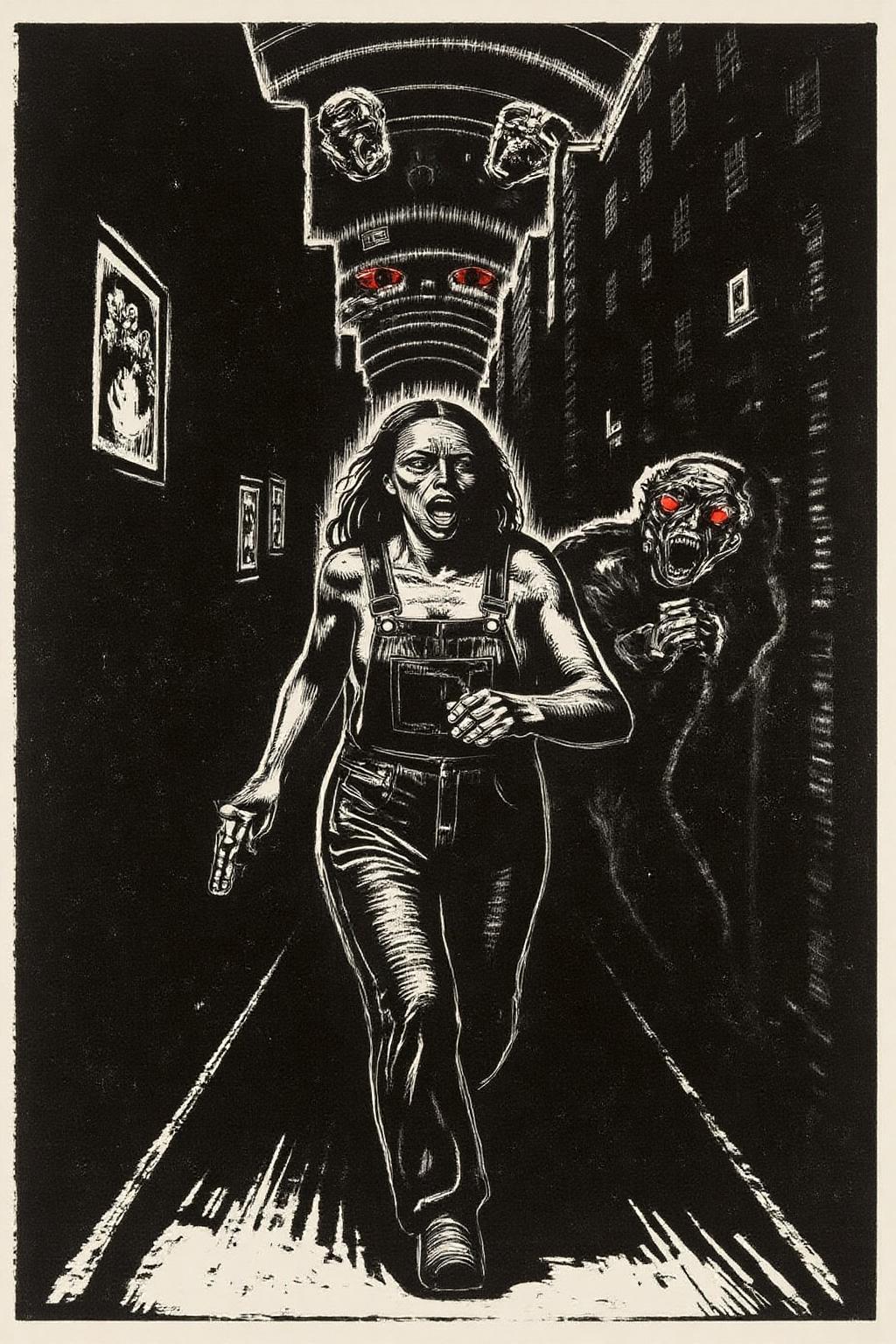kako1 black and white woodcut print.  A woman running down a dark alleyway between two crumbling high-rise buildings, with a holographic display of her pursuers on the walls and a strange creature with glowing red eyes lurking in the shadows, in a neon-lit cityscape that feels like a dystopian nightmare. She's dressed in tattered overalls and has a pistol at her side.  She is shouting angrily.   <lora:kako3_woodcut_cap_d6a3e11:1.0><lora:817641170759954953:0>