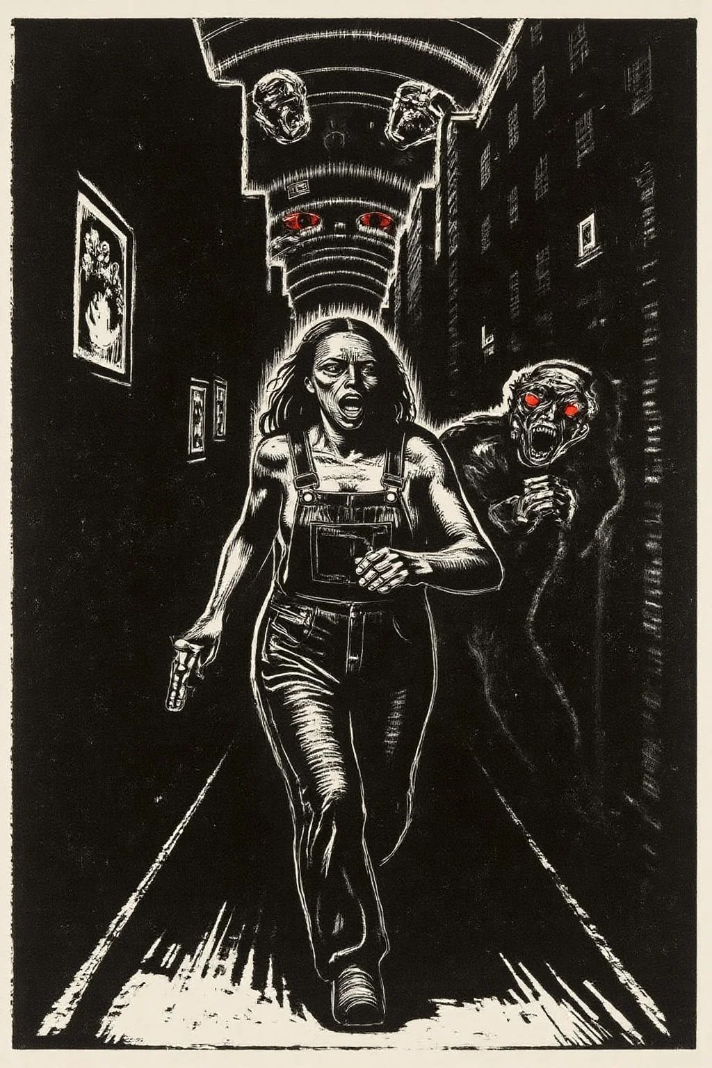 kako1 black and white woodcut print. A woman running down a dark alleyway between two crumbling high-rise buildings, with a holographic display of her pursuers on the walls and a strange creature with glowing red eyes lurking in the shadows, in a neon-lit cityscape that feels like a dystopian nightmare. She's dressed in tattered overalls and has a pistol at her side. She is shouting angrily. <lora:kako3_woodcut_cap_d6a3e11:1.0><lora:817641170759954953:0>