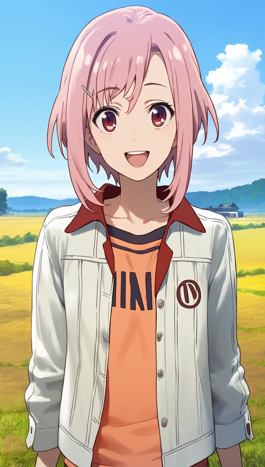 score_9,score_8_up,score_7_up,
<lora:yoshinokoharu:0.9>,
yoshinokoharu,
1girl,solo,pink hair,short hair,bangs,red eyes,looking at viewer,open smile,white jacket,orange tank top,character print on tank top,portrait,
outdoors,morning,summer,village in background,rolling hills,fields,blue sky,cloud,