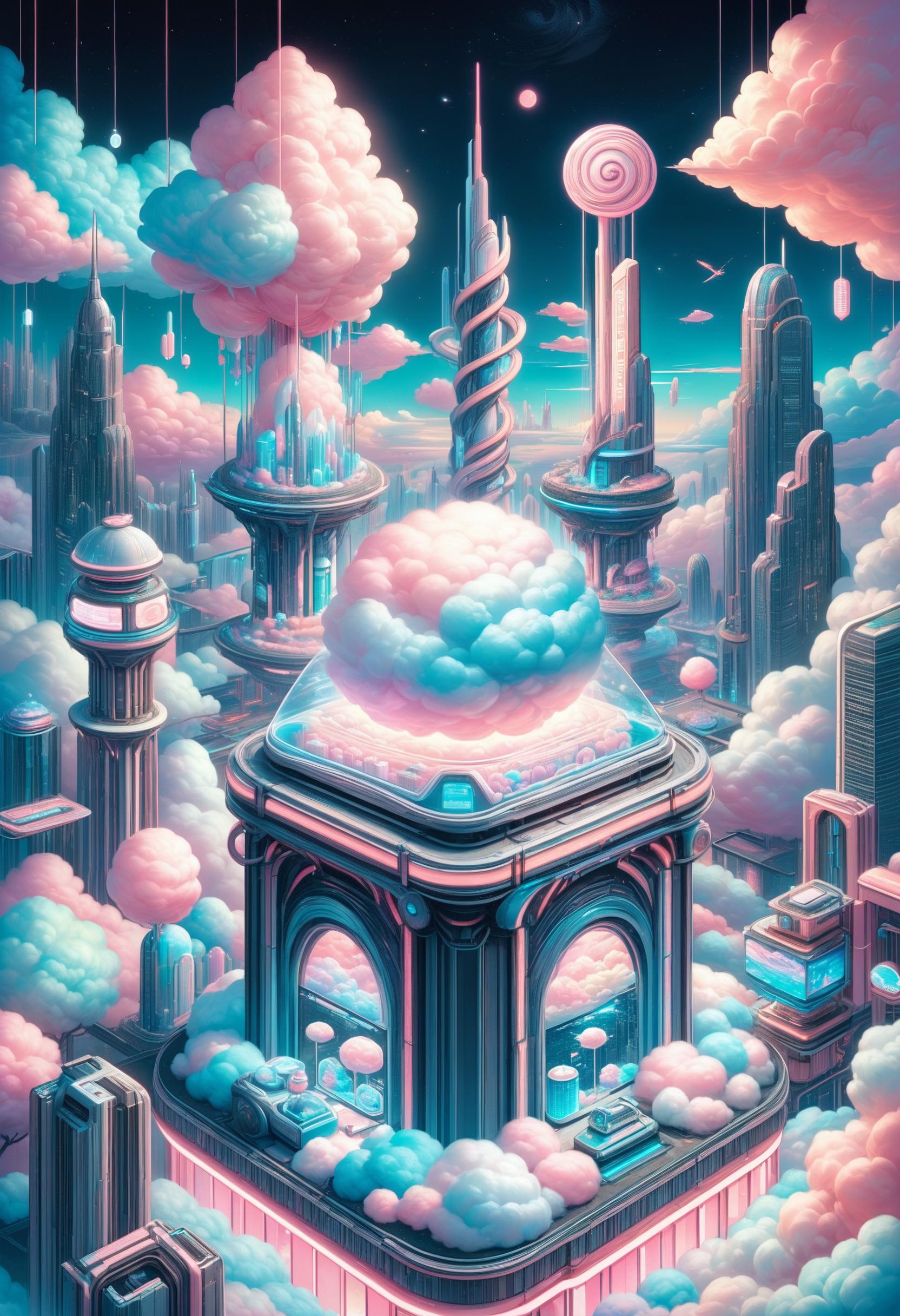 embedding:lazympos, cottoncandy, city made of cotton candy, science fiction, futuristic, night, neon lights, megastructure, above clouds, isometric <lora:Challenge_Winnifier_2025-04:0> <lora:SDXLCottonCandy:1>