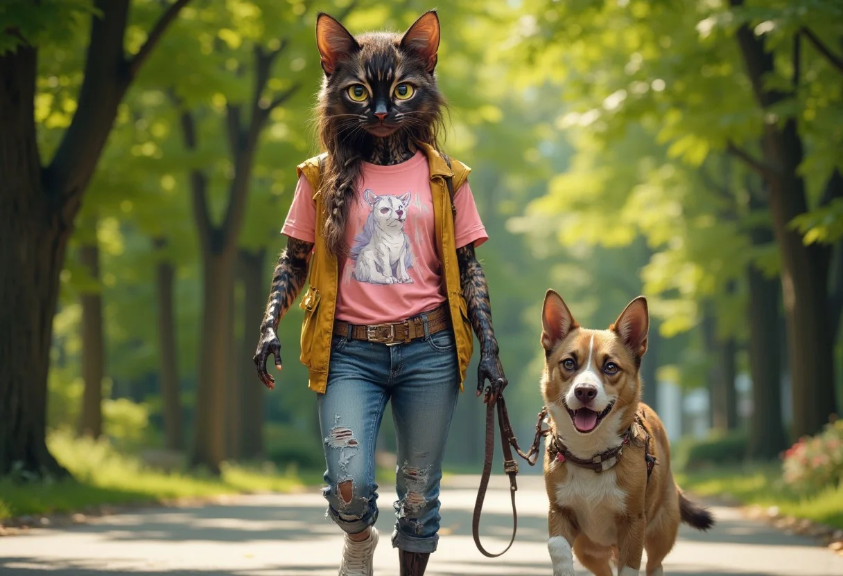 Create a hyper-realistic, professional-quality photo of a human-sized, anthropomorphic tortoiseshell cat woman taking her pet bulldog for a walk. The cat woman has realistic tortoiseshell fur with intricate black, brown, and orange patterns. She’s dressed casually in a pink t-shirt featuring a graphic of a white bulldog unicorn and is wearing relaxed jeans and sneakers. The scene is outdoors in a park or along a tree-lined neighborhood path on a sunny day, with lush greenery in the background. The human-sized cat woman holds a leash attached to a cheerful, well-groomed bulldog, who walks contentedly by her side. Capture a friendly, candid moment that emphasizes the natural bond between them, with the cat woman’s expression showing a relaxed and happy demeanor.RPG Style
