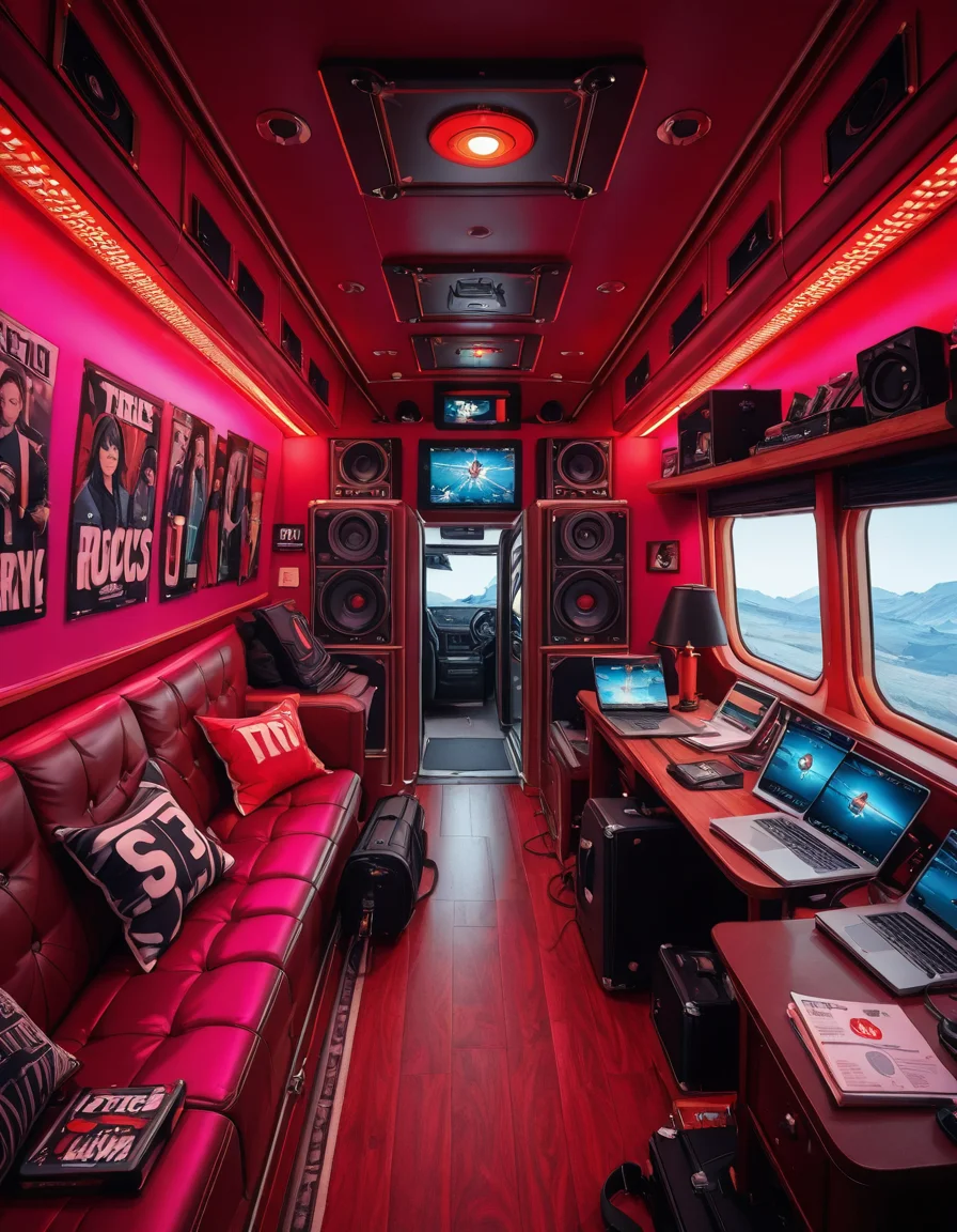 The interior of a modern RV customized for a rock band on tour. The space is stylish and lived-in, filled with musical gear like guitar cases, amps, and a drum pad. There are leather couches, a small kitchenette with snacks and energy drinks, and a cluttered table with laptops, cables, and setlists. A narrow hallway leads to sleeping bunks with personal items like headphones, books, and clothes tossed around. The lighting is warm with LED strips in red and purple tones, giving it a cozy but edgy atmosphere. A small TV displays concert footage, and speakers are mounted on the ceiling. The whole scene feels energetic, artistic, and chaotic in a creative way. Realistic style, rich colors, and highly detailed environment.
<lora:SDXLFaeTastic2400:0.4> <lora:extremely_detailed:0.4> extremely detailed ,r0ck b4nd rv <lora:r0ck_b4nd_rv-i:1>, Masterpiece,best quality,hi res,8k,hi res,8k,award winning,(sharp focus, intricate, highly detailed),