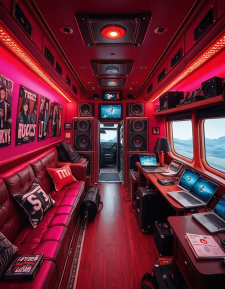 The interior of a modern RV customized for a rock band on tour. The space is stylish and lived-in, filled with musical gear like guitar cases, amps, and a drum pad. There are leather couches, a small kitchenette with snacks and energy drinks, and a cluttered table with laptops, cables, and setlists. A narrow hallway leads to sleeping bunks with personal items like headphones, books, and clothes tossed around. The lighting is warm with LED strips in red and purple tones, giving it a cozy but edgy atmosphere. A small TV displays concert footage, and speakers are mounted on the ceiling. The whole scene feels energetic, artistic, and chaotic in a creative way. Realistic style, rich colors, and highly detailed environment.
<lora:SDXLFaeTastic2400:0.4> <lora:extremely_detailed:0.4> extremely detailed ,r0ck b4nd rv <lora:r0ck_b4nd_rv-i:1>, Masterpiece,best quality,hi res,8k,hi res,8k,award winning,(sharp focus, intricate, highly detailed),