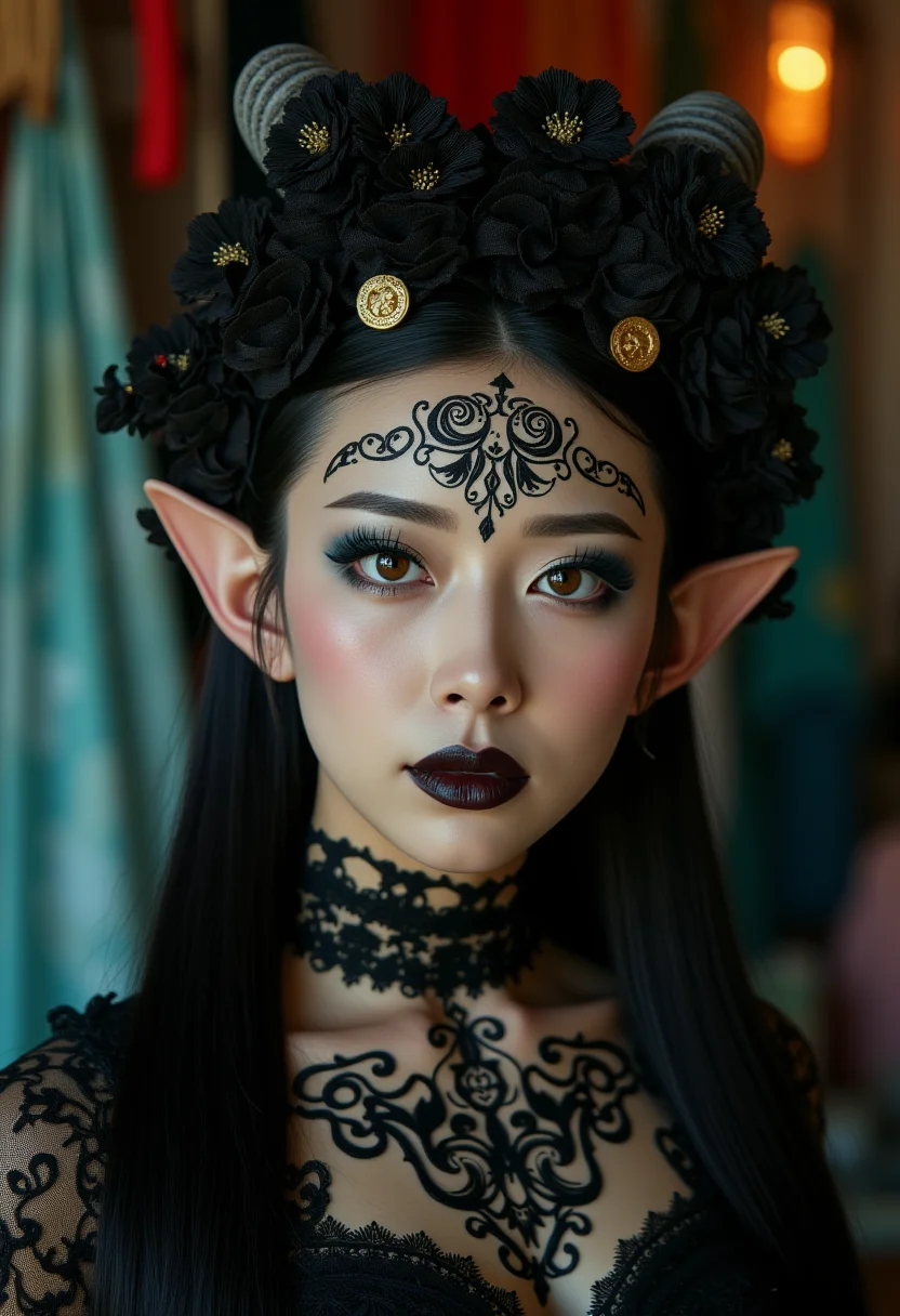 photo of a korean woman,A strikingly close up portrait of a beautiful young european woman is adorned with large, hazel eyes, slate grey horns with gold ornements that sweep majestically from her head, contrasting with her flawless, porcelain skin with intricate face tattoos. Her pointy ears add a mystical touch to her appearance, intricate black lace headdress,featuring circular floral patterns interwoven with red chrisanthemum. Her face is bold with dark dramatic, black eyeshadow, intricate embroidery black detailled makeup, black lips, highlighting her sharp features and giving her an intense, enchanting aura. She is wearing dark embroidery Gothic clothes. The scene is set in a magical, softly lit workshop filled with vibrant fabrics and mystical tools, reflecting her powerful and otherworldly presence. Bokeh, Rust teal background,anime art of girl/woman