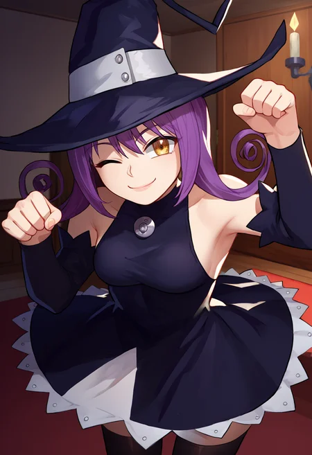 score_7_up, source_anime, solo, 1girl, seblair, smile, looking at viewer, paw pose, witch hat, one eye closed, black dress, detached sleeves, black thighhighs, indoors, bedroom <lora:style_chocojax_ponyXL-000040:1> <lora:souleater_blair_ponyXL:1>