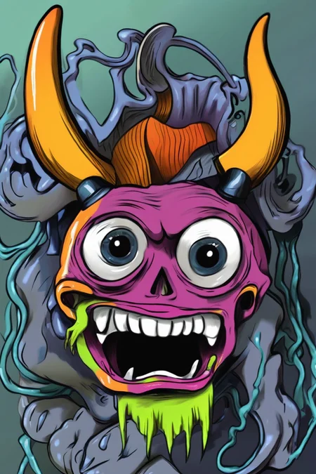 close up of a dangerous monster with horns, grim scene <lora:Doodle_XL_V1:1> colorful doodle