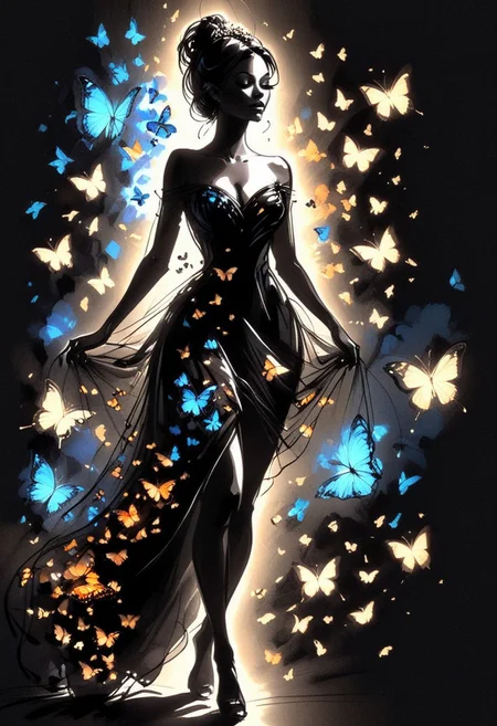 inksketch, a silhouette of a woman, black background, glowing butterflies, full body, black dress
