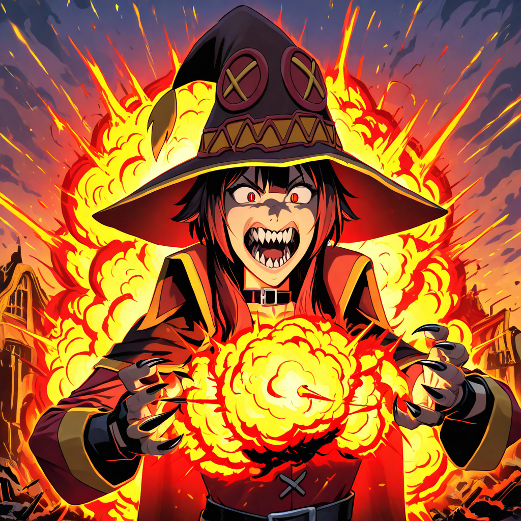 absurdres,newest,best quality,masterpiece,konosuba,megumin,witch hat,1girl,solo,fleshmutant,claws,upper body,sharp teeth,explosion,fire,burning buildings