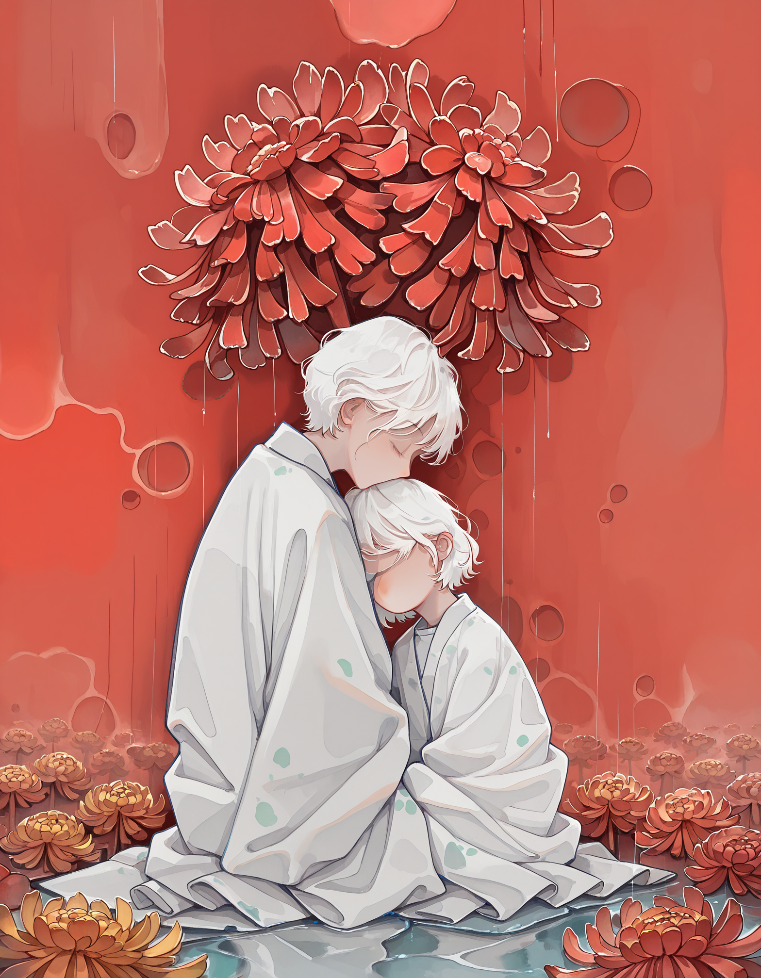 masterpiece, best quality, amazing quality, very aesthetic, absurdres,(watercolor), watercolor (\medium)\, no lineart, painting, brush stroke,impressionism, painterly,  water spots, stains, paint stains
, short hair man sitting on floor craddling child, no face, no eyes, no mouth, white haori,white clothes, (spot color), red theme, empty background, white hair, a few red chrysanthemums
,   <lora:HSwatercolorstylellust:1> <lora:WhiteNegativeSpaceILL:0.6>