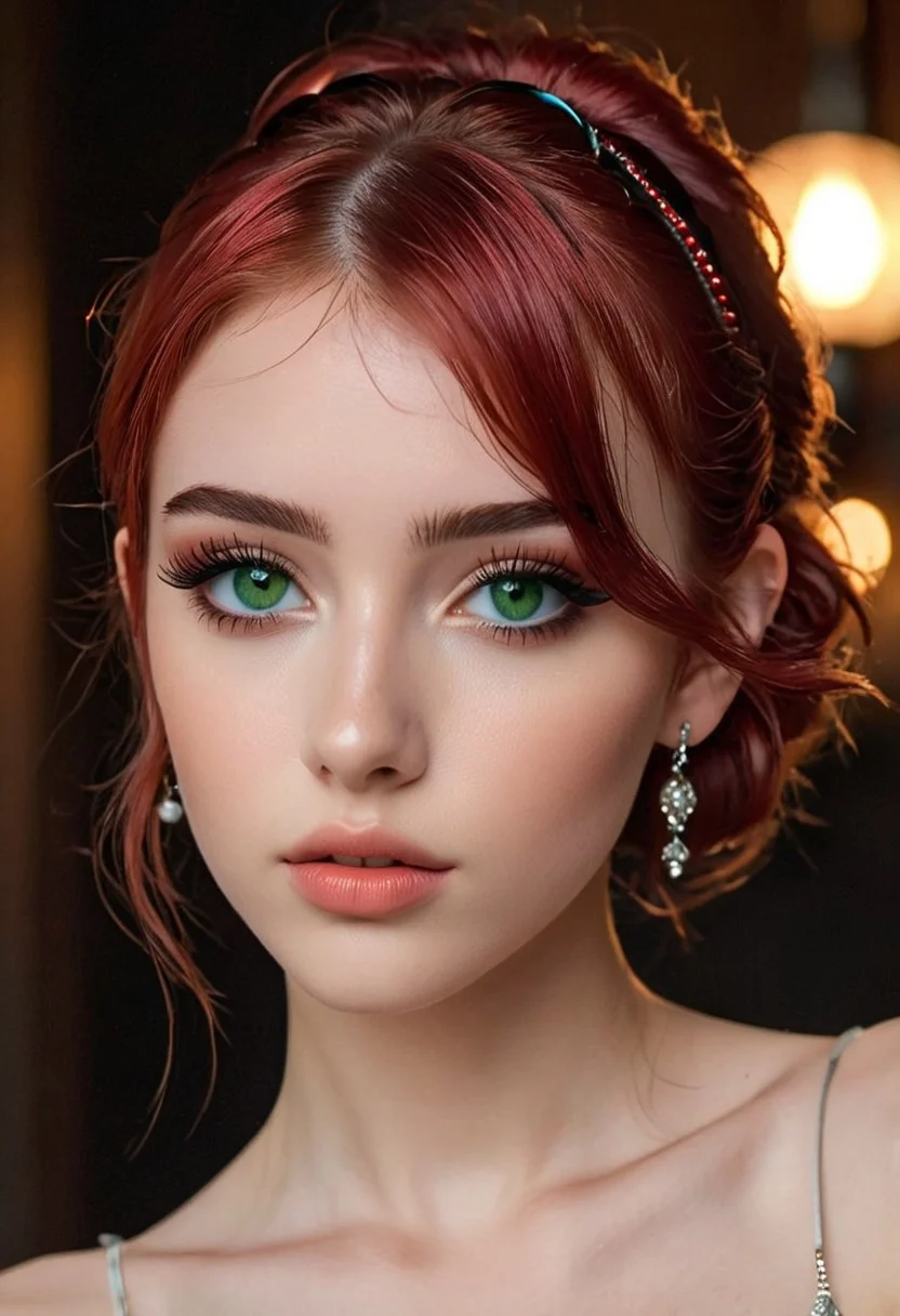 20 year old Turkish girl, pose 1:1, full view, green eyes, pale skin, puffy lips, makeup, eye contact, hairclip, light red hair, very short hair, hair up, double bun, hair flaps, asymmetrical bangs, long bangs, x hair ornament, dark red lips, red eyeshadow, mascara, eyeliner, stud earrings, piercing, blush, flat chest, epic action, Unreal Engine, cinematic award winning artwork, many details, extreme detailed, full of details,Wide range of colors., dramatic, Dynamic,Cinematic,Sharp details, Insane quality. Insane resolution. Insane details. Masterpiece. 32k resolution. casting shadow style, cucoloris patterned illumination, <lora:add-detail-xl:1>