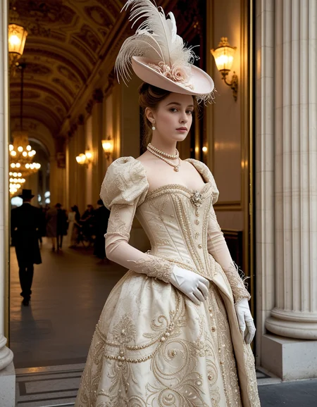 hyper-realistic cinematic portrait of a stunning young woman in Belle Époque Paris, circa 1900, standing at the entrance of the Palais Garnier opera house, dressed in an elaborately embroidered haute couture gown with silk gloves, pearl jewelry, and an ostrich-feathered hat, soft golden gaslight reflecting off marble columns, background bustling with well-dressed Parisians and ornate horse-drawn carriages, no modern elements, realistic skin texture with visible pores and subtle makeup, (film grain and pastel tones), romantic and decadent atmosphere, inspired by early fashion photography and Art Nouveau aesthetics, immersive and luxurious
