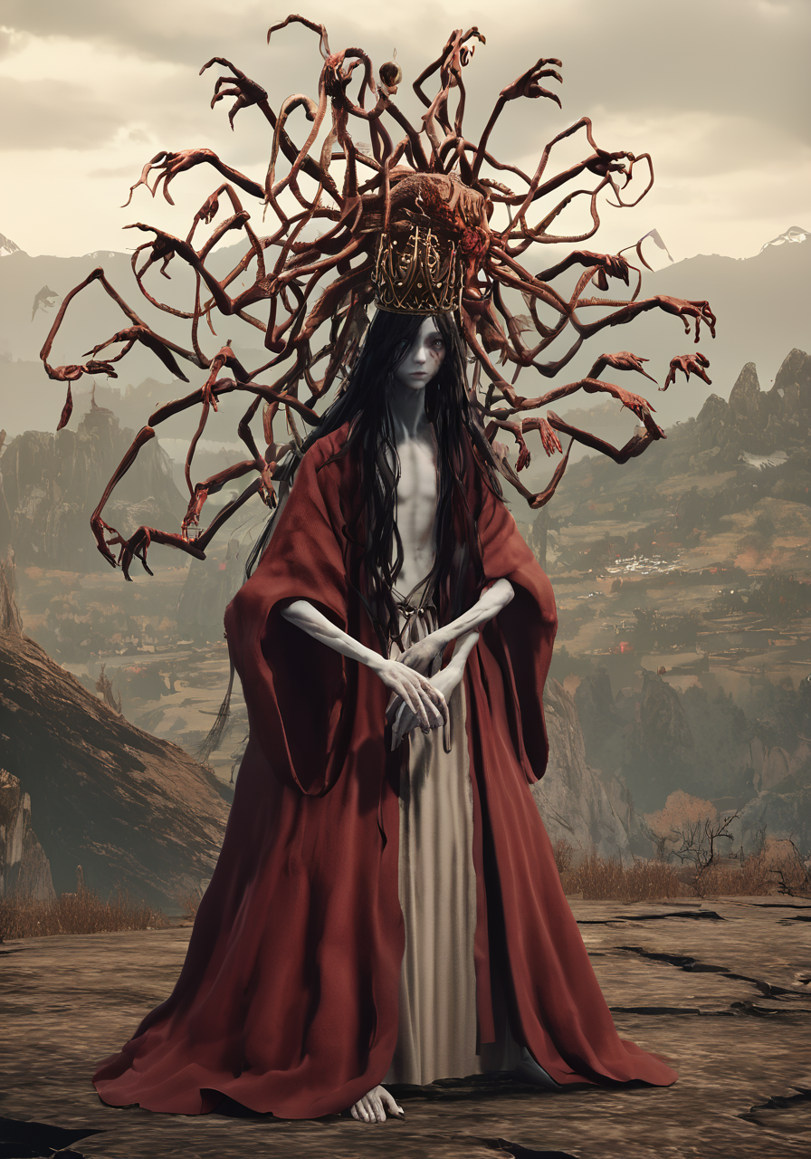 score_9, score_8_up, score_7_up, a lanky man  , many arms, skinny, best quality, masterpiece, otherworldly, <lora:eldringpxl:1>, eldringpxl, full body, landscape, diseased, monster, humanoid, robe, grafted, stitched together, pale skin, long hair, crown, long arms, zombified,