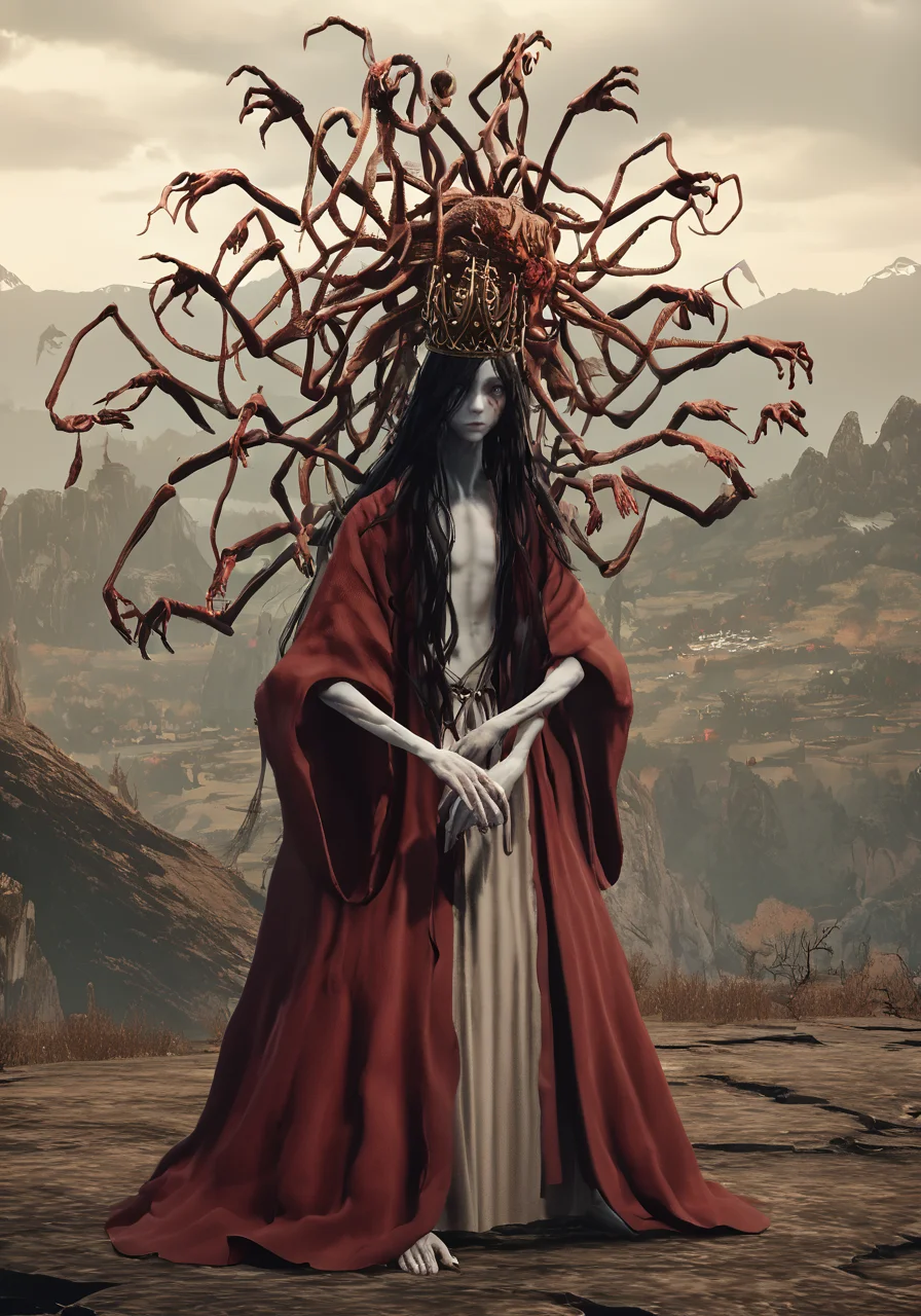score_9, score_8_up, score_7_up, a lanky man , many arms, skinny, best quality, masterpiece, otherworldly, <lora:eldringpxl:1>, eldringpxl, full body, landscape, diseased, monster, humanoid, robe, grafted, stitched together, pale skin, long hair, crown, long arms, zombified,