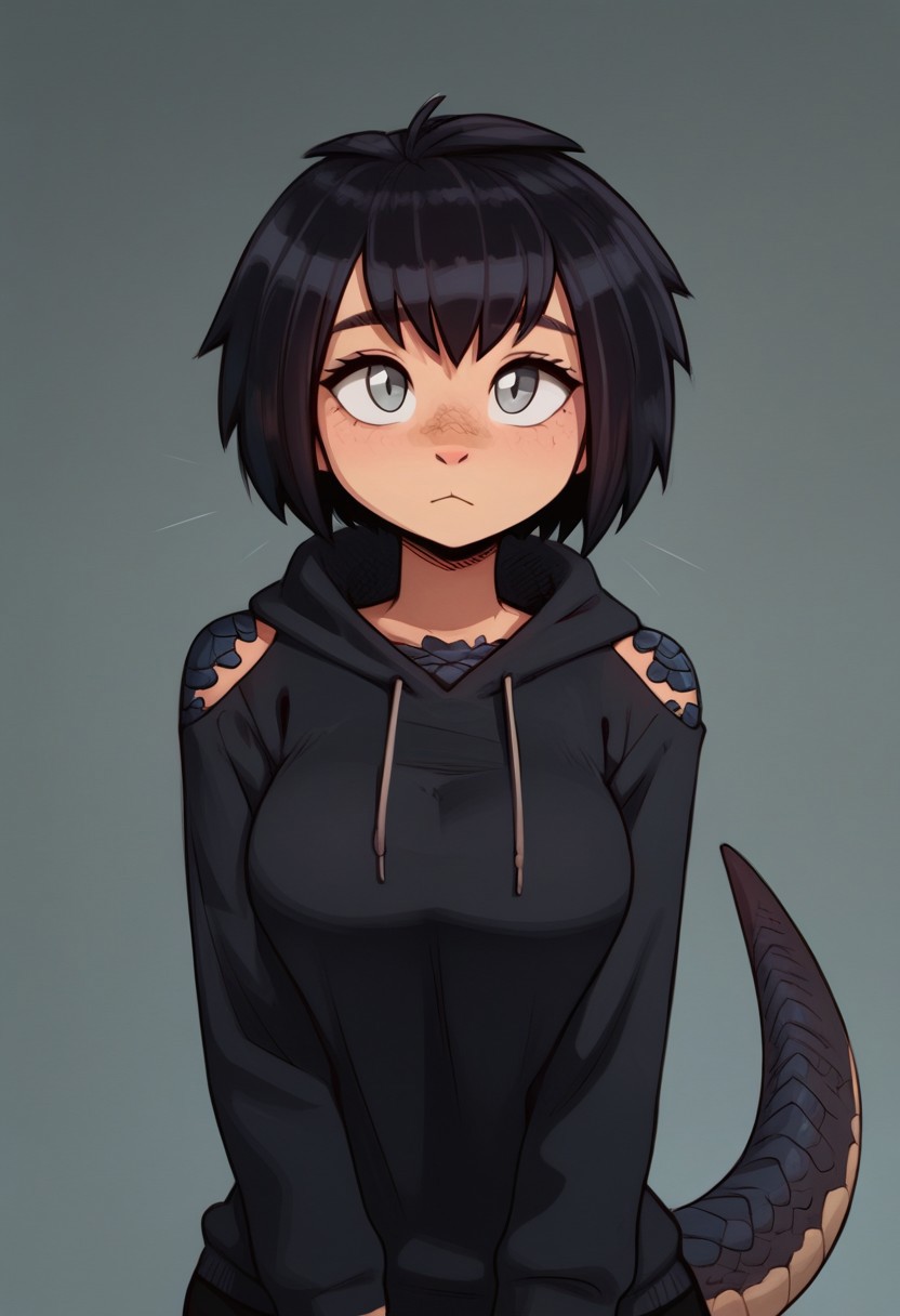 masterpiece,best quality, highly detailed, score_9, score_8_up, score_7_up, score_6_up, score_5_up, score_4_up, Expressiveh,peni parkee,justicedef, cute girl, straight bangs, short, bright silver eyes, black hair, brunette, curvy body, wide hips, thick thighs, short dragon tail, dragon scales, scales on shoulders and hips, scales on chest, girl, short hair, curvy body, big breasts, black hoodie, standing,
