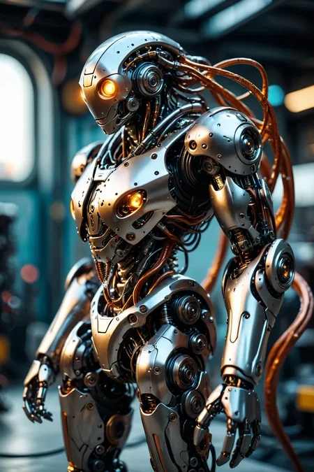 masterpiece, best quality, amazing quality, blurry background, Depth of Field,
A futuristic metallic-bodied robot inspired by a tentacles, sleek aerodynamic design,
<lora:cfg_scale_boost:0.3> reelmech, mechanical parts, cable, wires, machinery, joints,
(cowboy shot:1.5), from side