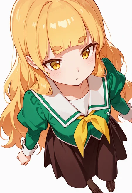 masterpiece,high quality details,absurdres, 
<lora:Shiraki_Hime:0.8>
hime_cnr, 1girl, blonde hair, very long hair, yellow eyes, blunt bangs, thick eyebrows,
hime_s1,green shirt, white sailor collar, serafuku,long skirt,black-brown skirt, juliet sleeves,pantyhose, loafers,, simple background, white background, from above,solo,, x3,