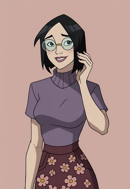 safe_pos, score_9, score_8_up, score_7_up, BREAK, solo, 1girl, female, black hair, Purple turtleneck sweater, short sleeves, long floral skirt, freckles, round glasses, short hair, medium breasts, shy, smile, hand on hair,SpecStyle