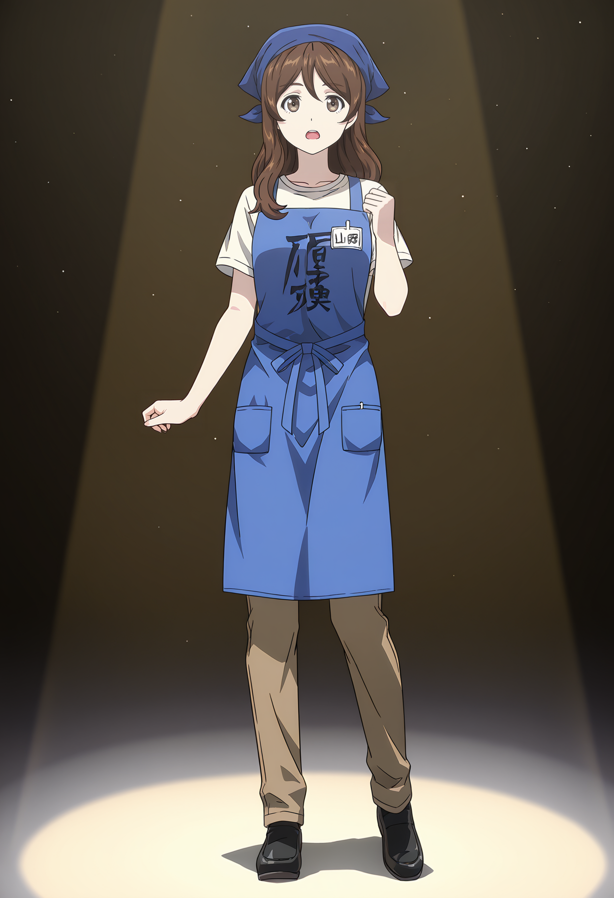 <lora:YAMADA_illustrious-000056:1>,
YAMADA,solo,apron,pants,spotlight,brown pants,looking at viewer,open mouth,full body,standing,shirt,blue apron,black footwear,short sleeves,white shirt
