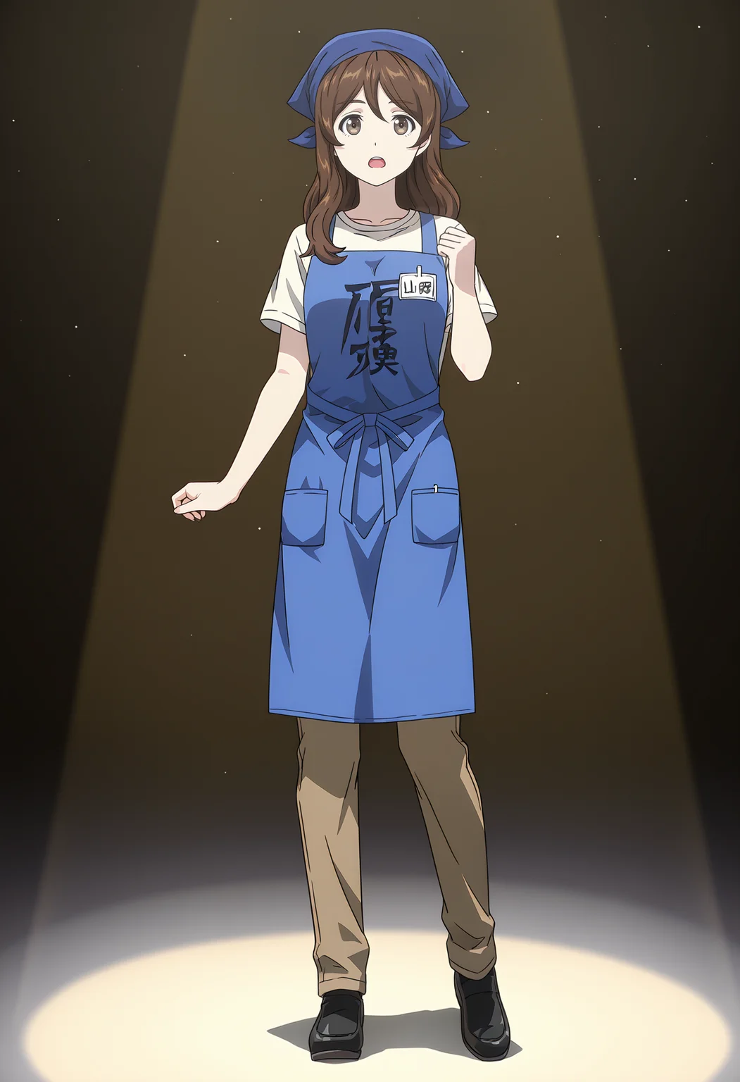 <lora:YAMADA_illustrious-000056:1>,
YAMADA,solo,apron,pants,spotlight,brown pants,looking at viewer,open mouth,full body,standing,shirt,blue apron,black footwear,short sleeves,white shirt