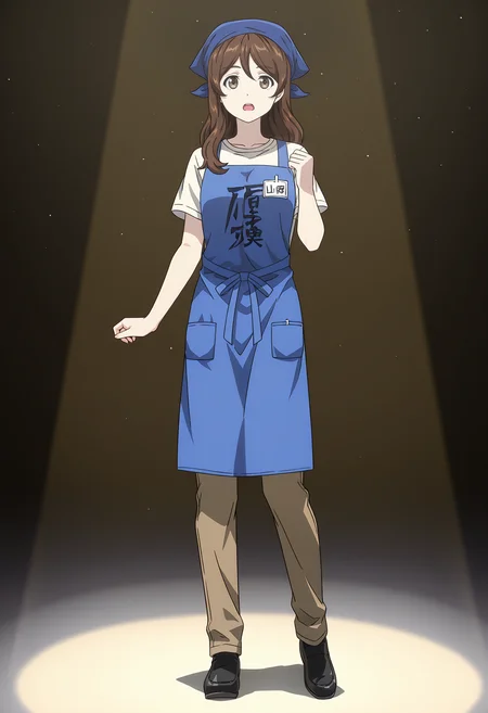 <lora:YAMADA_illustrious-000056:1>,
YAMADA,solo,apron,pants,spotlight,brown pants,looking at viewer,open mouth,full body,standing,shirt,blue apron,black footwear,short sleeves,white shirt