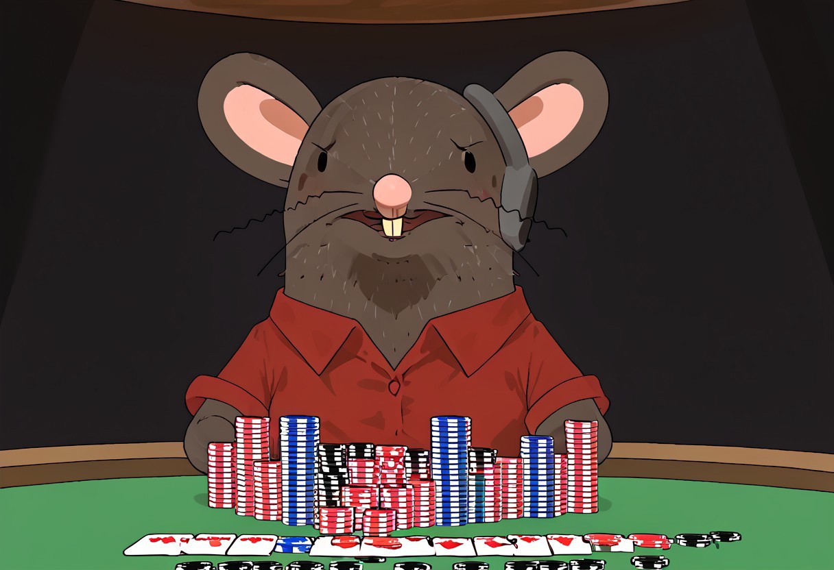 1boy, rat, furry, feral, brown fur, rat tail, pink hands, pink feet, red shirt, buckteeth, sitting on a table, poker cards, playing poker, mischievous face Expressiveh
Expressiveh