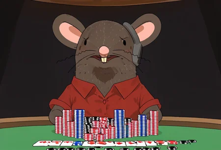 1boy, rat, furry, feral, brown fur, rat tail, pink hands, pink feet, red shirt, buckteeth, sitting on a table, poker cards, playing poker, mischievous face Expressiveh
Expressiveh