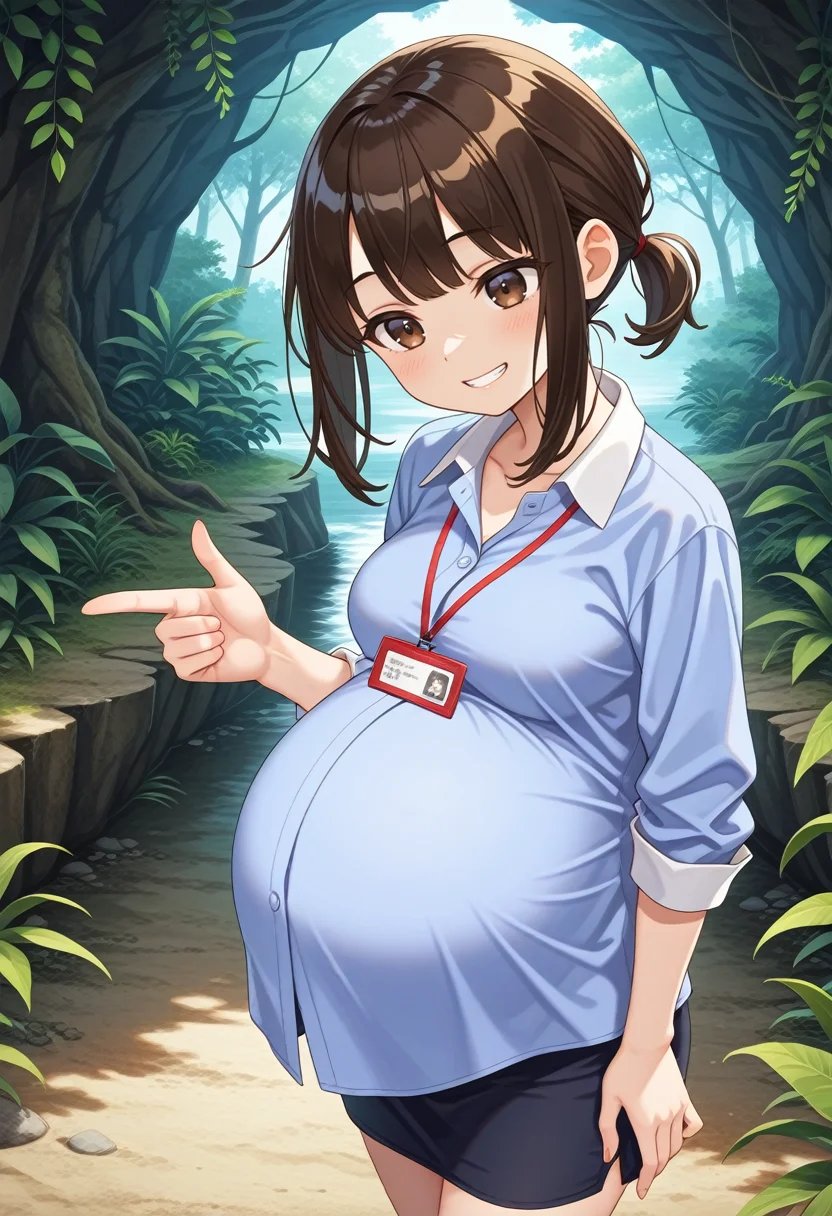 STYLE(comfy++,none) masterpiece, best quality, absurdres, 1girl, cura, azuuru, torino aqua, douki-chan \(douki-chan\), ganbare douki-chan, office lady, brown eyes, brown hair, short hair, sidelocks, short ponytail, blue shirt, medium breasts, clothed, pregnant, big belly, solo, evil grin, embarrassed, looking down, head tilt, finger gun, arms at sides, fighting stance, crossed ankles, cowboy shot, from above, day, nature, cave, game cg, <lora:Other/Pregnancy_Slider.safetensors:1.5:1.5> <lora:Tech/dmd2_sdxl_4step_lora_fp16.safetensors:1.0:1.0> <lora:Other/pregnant_c_v3.safetensors:1.0:1.0>
