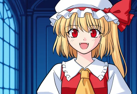 flat colors, blurry background, blue background, interior, medium up close shot, front view,
BREAK, 1girl, solo, flandre scarlet, looking at viewer, :D