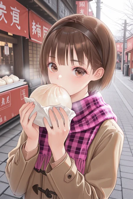 masterpiece, best quality, amazing quality,
<lora:Mellco_IL:1> mellco, 1girl, solo, scarf, brown eyes, brown hair, hairband, plaid, plaid scarf, looking at viewer, food, baozi, holding, short hair, jacket, outdoors, bangs, upper body