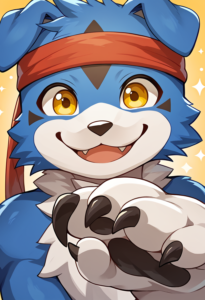 high res, best quality, gaomon_digimon, furry, headband, solo, 1boy, claws, cute, happy, smiling, yellow eyes, looking at viewer, <lora:Gaomon_Digimon:1>