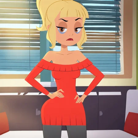 <lora:MissTinker_pony_v1:.8> MissTinkerEyeBags, 1girl, blonde hair, pantyhose, red dress, dark-skinned female, dark skin, ponytail, makeup, bare shoulders, breasts, brown eyes, off shoulder, cowboy shot