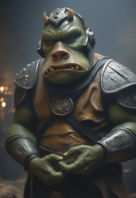 score_9, score_8_up, score_7_up, score_6_up, photo, photorealism, 1boy, Gammorean Guard, Dark green skin, armor, skin texture, moist skin, pores, saliva, dynamic lighting, detailed shadows, adobe palace, fat, dim light, holding battleaxe,