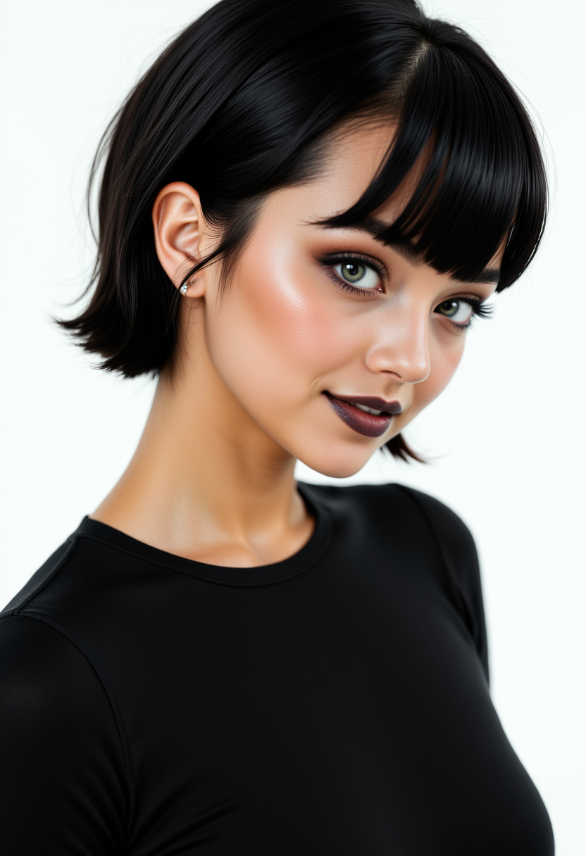 profile headshots,photoshoot poses, She is approximately 18 yearss old, dynamic angles, multiple angles,She is looking at the camera, photoshoot poses;  A photo of Mavis_real, wearing a black shirt and black lipstick,short hair, is posing for the camera with a smile on her face. simple white background.  Style: realistic hyper-detailed rendering, 32k UHD, expressive eyes, punk, graphic design, girl's face, pretty and cute, gleaming lips, telling a tale of adventure. Exuding confidence and serenity. The overall mood of the image is happy and relaxed,detailed skin texture,(blush:0.2),(goosebumps:0.3),subsurface scattering,with a playful and whimsical tone, perfect hands, detailed hand,aidmafluxpro1.1, retro50s_style, looking at the camera,looking at the camera,looking at the camera,looking at the camera,