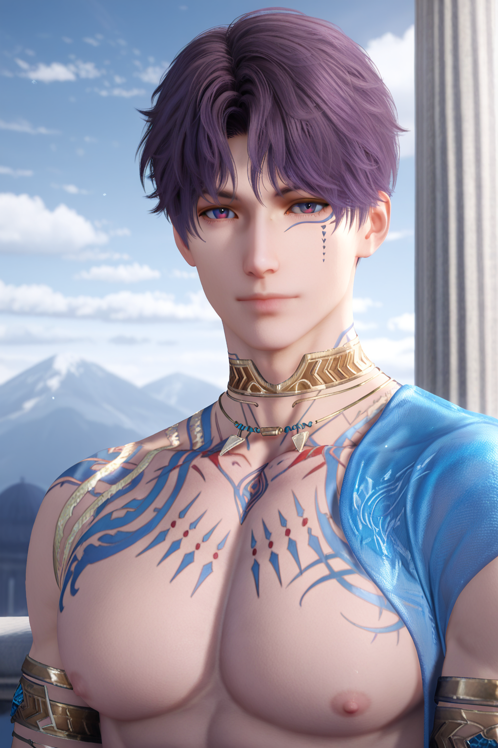 <lora:rafayel-IL-000008c:0.9>,Rafayel, 1boy, male focus, solo, short hair, looking at viewer, jewelry, upper body, closed mouth, necklace, tattoo, god of the tides, pectorals, armlet, nipples, facial mark, purple hair,  bara,male focus,very awa,masterpiece,best quality,amazing quality,nsfw,uncersored,highres,best quality,amazing quality,best aesthetic,absurdres,
