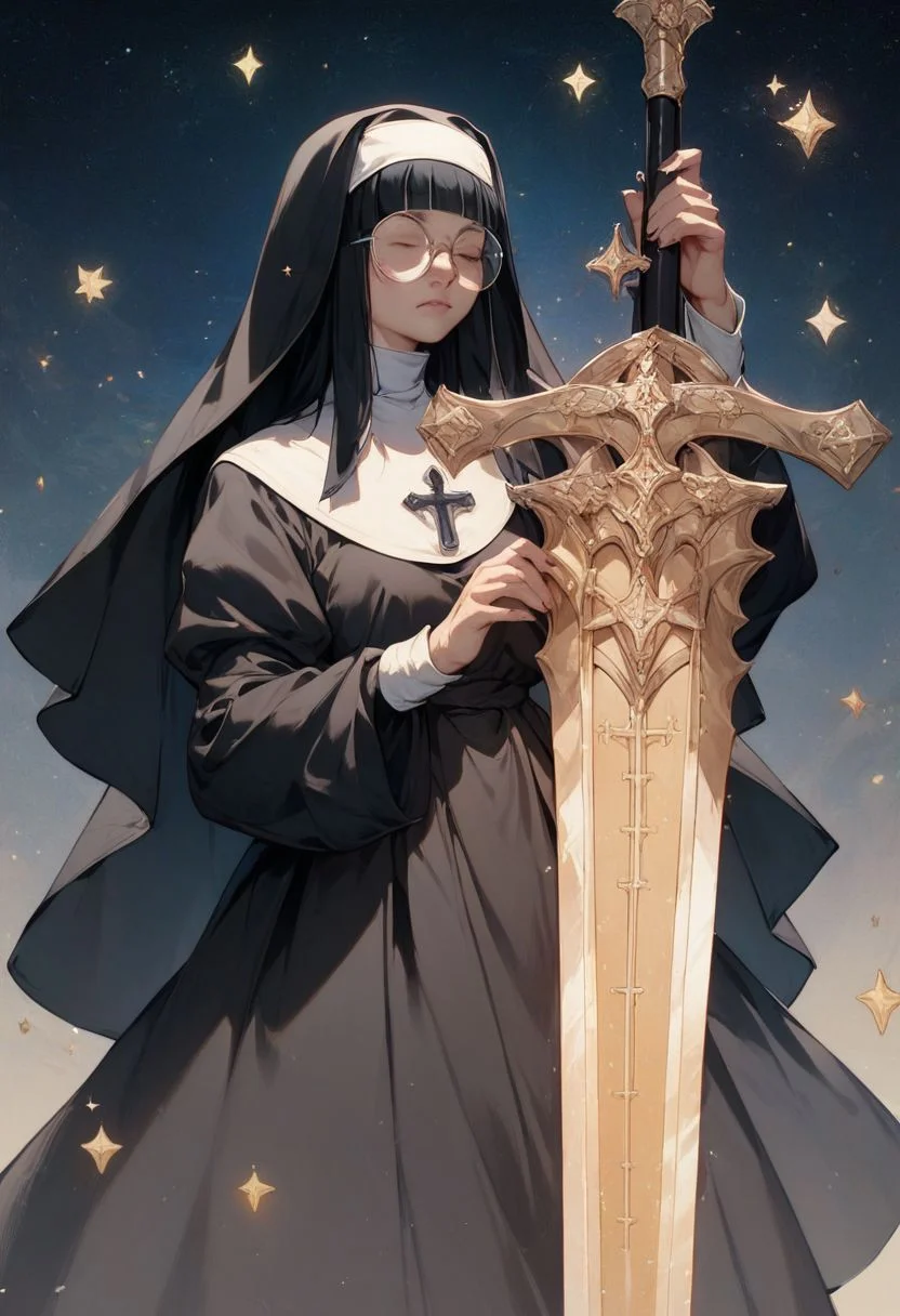 score_9, score_8_up, score_7_up, score_6_up, female, black haired, big round glasses, greatsword in front of body, koling, hime cut, nun outfit, eyes closed, celestial light, gold detail, astral OverallDetail