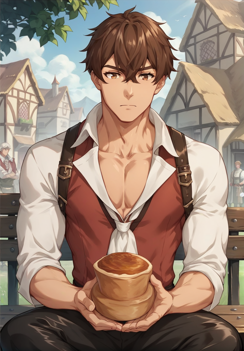 <lora:Casserole:1> score_9, score_8_up,score_7_up, 1boy, muscular, casserole, brown hair, bangs, hair between eyes, brown eyes, pectoral cleavage, collarbone, open shirt, white shirt, red vest, ascot, black pants, leather boots, sitting over wooden bench, medieval village background