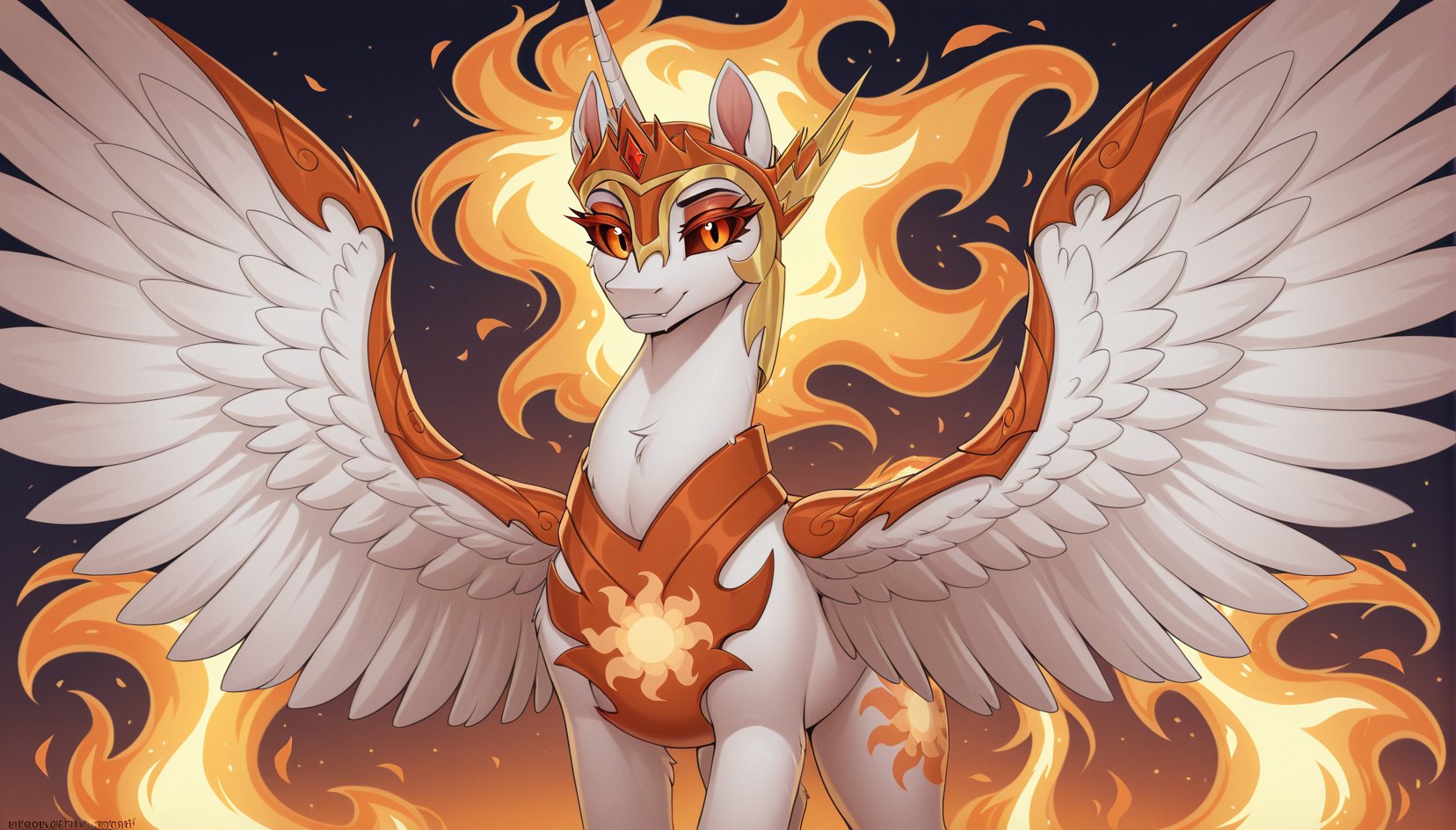 resolution , masterpiece, , high resolution, solo, wild,  spring,   one on the left and one on the right,   ADDCOMM
, Female Daybreaker,  long body, white body, bright orange eyes with dark eyelashes, fiery mane and tail, wings decorated with white feathers with gold and orange inserts, golden headdress, crown with a red stone in the middle, golden jewelry, armor with the image of the sun, white horn<lora:Daybreaker:1.0>