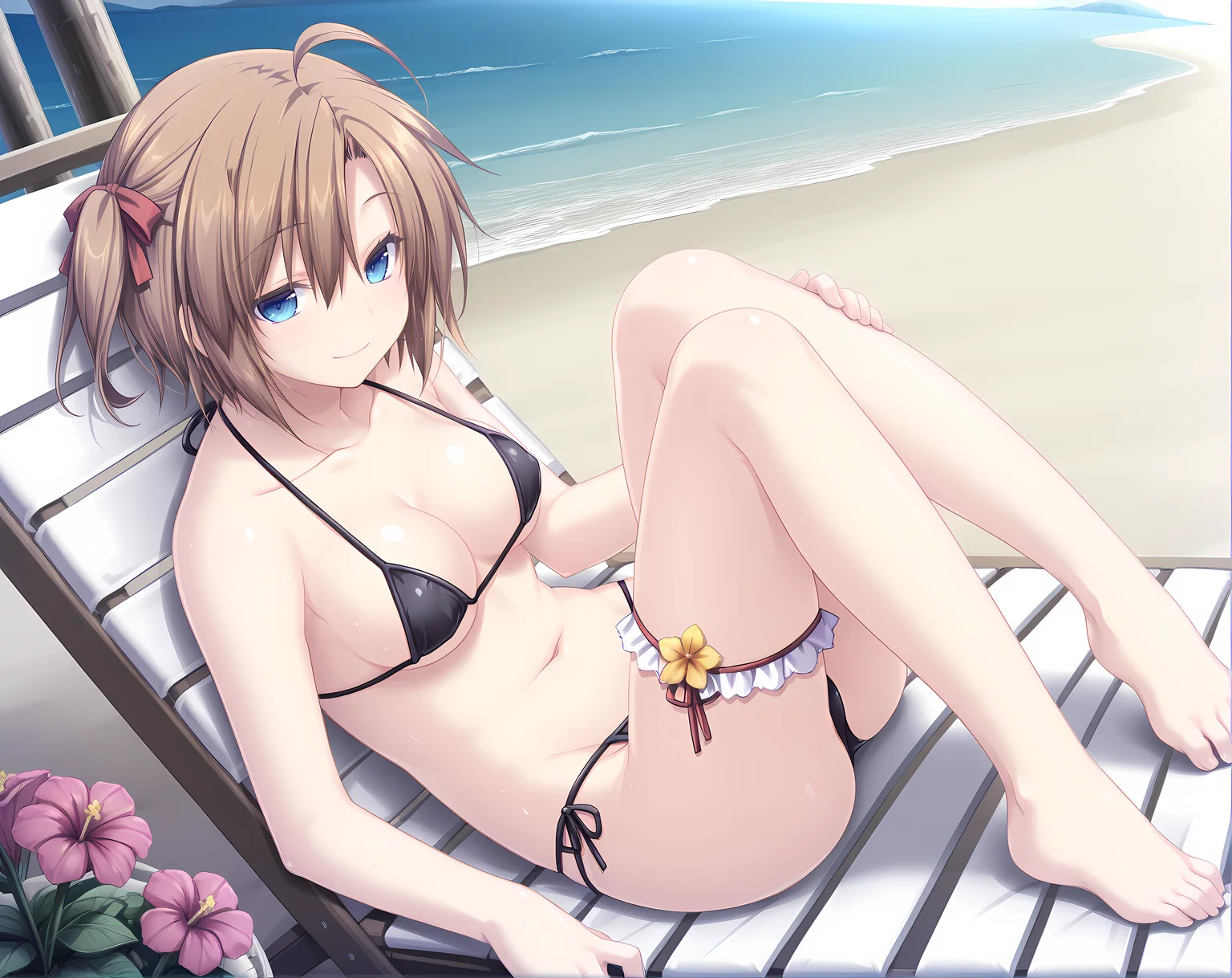 <lora:Shuri_Leyssen:0.8>,solo,shuri,brown hair,medium breasts,short hair,hair ribbon,blue eyes,hair between eyes,ahoge,seductive smile,string bikini,halterneck,outdoors,beach,beach chair,side ponytail,barefoot,micro bikini,flower thigh strap,, masterpiece,best quality,amazing quality, very aesthetic, absurdres,detailed eyes,ultra-detailed,